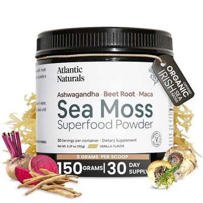 Atlantic Naturals Sea Moss Superfood Powder with Ashwagandha, Beet Root, and Maca Root - Sea Moss Powder Supports Healthy Skin, Athletic Performance, and Positive Mood - Vanilla Flavor (150g)