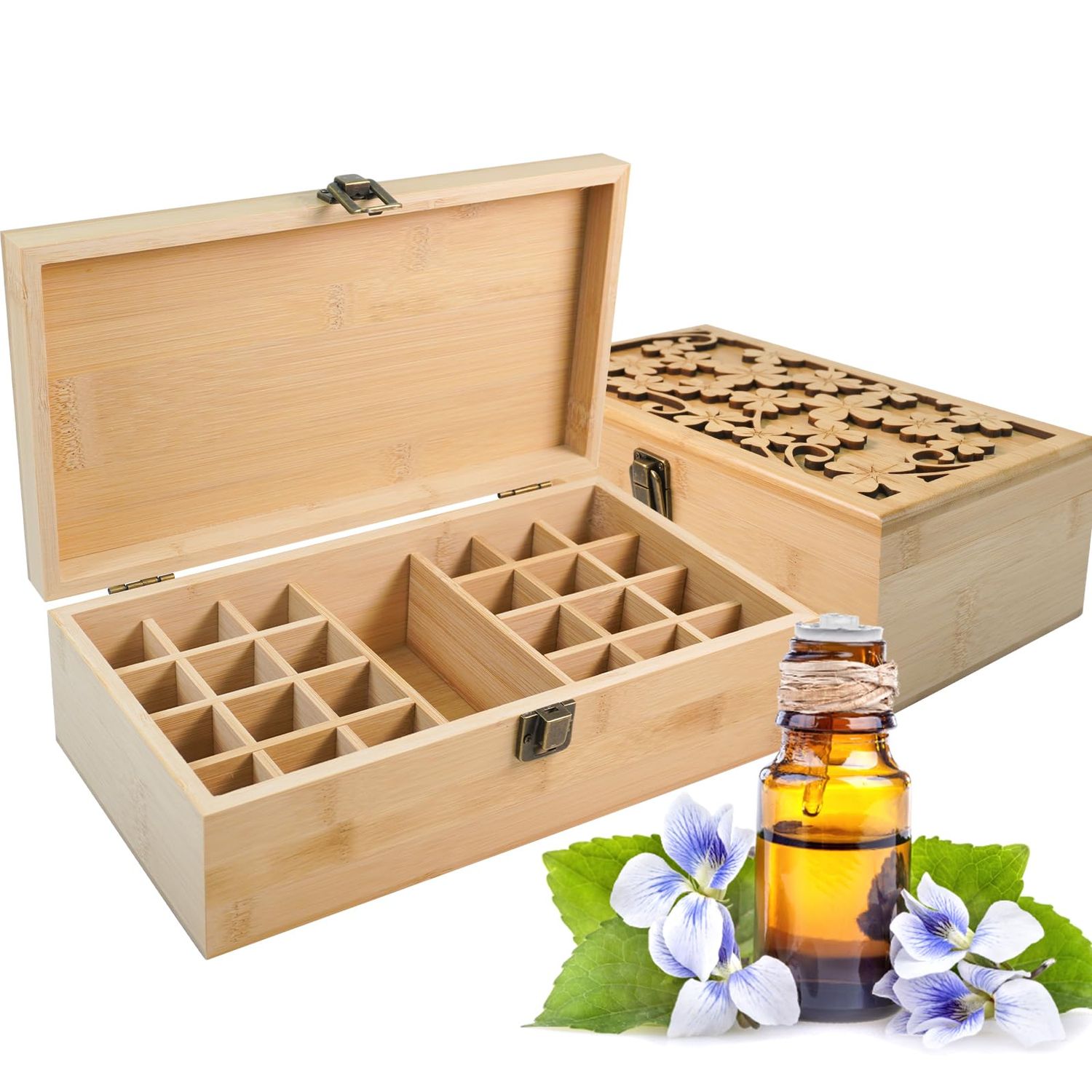 Pure Vie Bamboo Essential Oil Storage Box Travel Organizer Case with Bottle Cap Label - Aromatherapy Nail Polish Fragrance Container, Holds 24 Bottle for 5-30ml - Keep Scented Oil Safe Space Saver