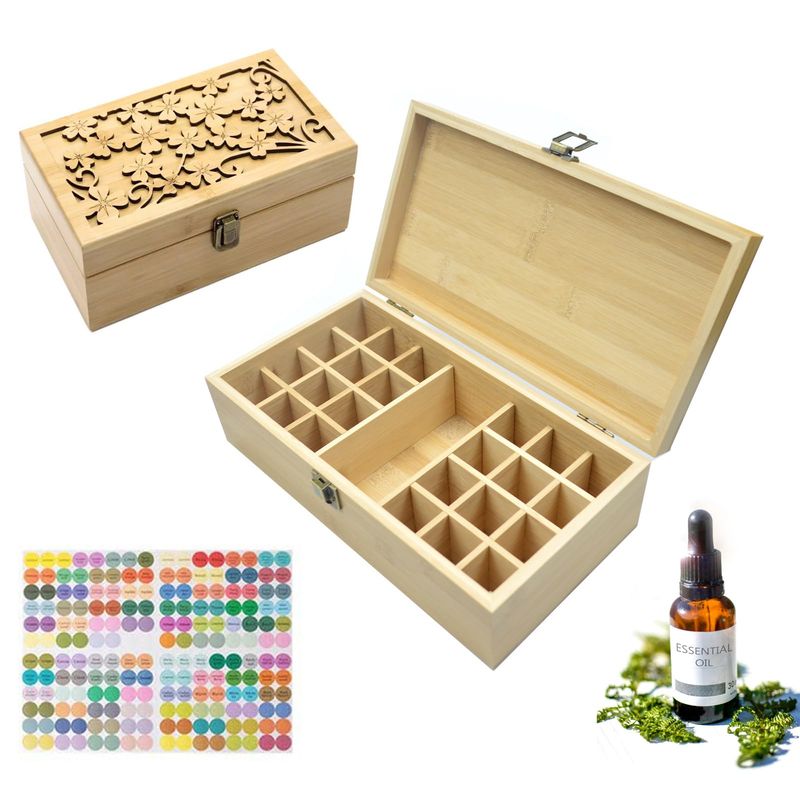 Pure Vie Bamboo Essential Oil Storage Box Travel Organizer Case with Bottle Cap Label - Aromatherapy Nail Polish Fragrance Container, Holds 24 Bottle for 5-30ml - Keep Scented Oil Safe Space Saver