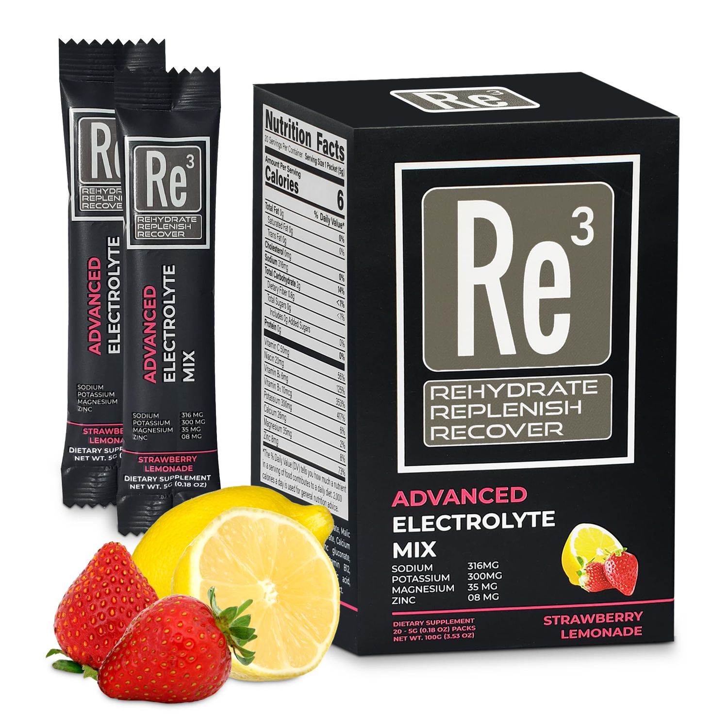 Re3 - Rehydrate - Replenish - Recover Electrolyte Powder Packets. No Sugar, 6 Cal, 2 Carbs. The Best Mix of Vitamins and Minerals (Strawberry Lemonade)