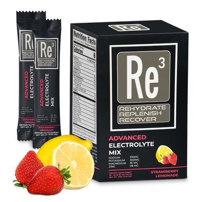 Re3 - Rehydrate - Replenish - Recover Electrolyte Powder Packets. No Sugar, 6 Cal, 2 Carbs. The Best Mix of Vitamins and Minerals (Strawberry Lemonade)