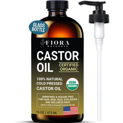 Organic Castor Oil Cold Pressed in Glass Bottle (16 Oz) Hexane-Free - USDA Certified - Hair Growth Oil For Lashes, Brows, Skin Scalp - with Pump