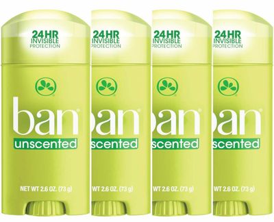 Ban Invisible Solid Antiperspirant Deodorant for Women and Men, 24-Hour Underarm Odor Sweat Protection, Unscented, 2.6 Oz, Pack of 4