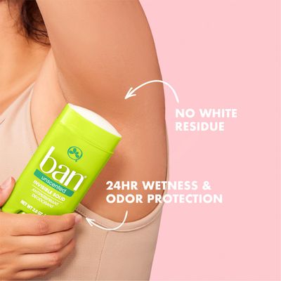 Ban Invisible Solid Antiperspirant Deodorant for Women and Men, 24-Hour Underarm Odor Sweat Protection, Unscented, 2.6 Oz, Pack of 4