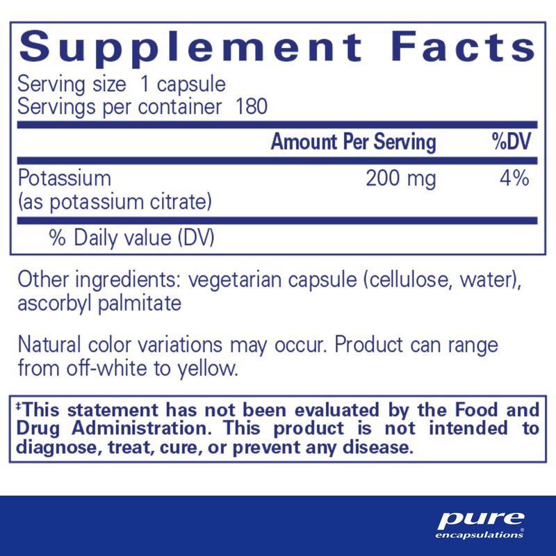 Pure Encapsulations Potassium (Citrate) - Essential Electrolyte Supplement to Support Nerve Muscle Function, Adrenals, Hormones, Heart Health Energy - Potassium Citrate Capsule - 180 Capsules