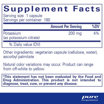 Pure Encapsulations Potassium (Citrate) - Essential Electrolyte Supplement to Support Nerve Muscle Function, Adrenals, Hormones, Heart Health Energy - Potassium Citrate Capsule - 180 Capsules