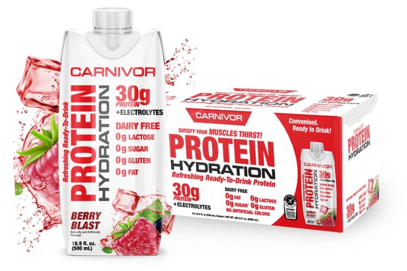 MuscleMeds Carnivor Protein Hydration RTD, Refreshing Ready to Drink, 30 g Isolate Protein, Lactose Free, Sugar Free, Electrolytes, Muscle Building, Recovery, Halal Certified, Berry Blast, 16.9 Fl Oz