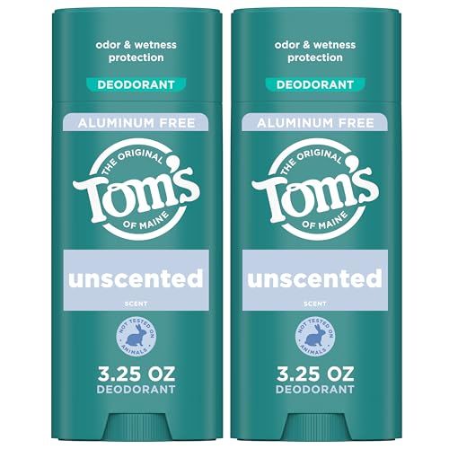 Toms of Maine Unscented Aluminum Free Natural Deodorant For Women Men Goes on Clear Odor Wetness Protection Naturally Derived and Moisture-Locking Ingredients 3.25 oz (2 Pack)