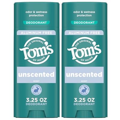 Toms of Maine Unscented Aluminum Free Natural Deodorant For Women Men Goes on Clear Odor Wetness Protection Naturally Derived and Moisture-Locking Ingredients 3.25 oz (2 Pack)