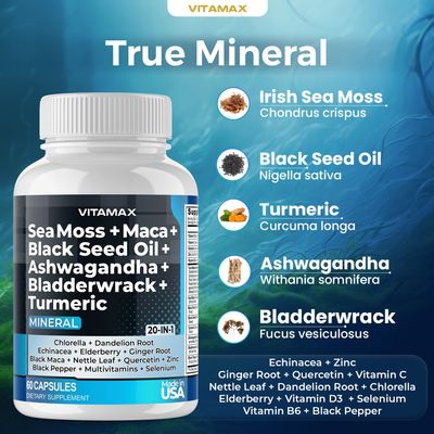Sea Moss Maca Black Seed Oil Ashwagandha Bladderwrack Turmeric - Manuka Honey, Elderberry, Vitamin C D3, Dandelion Black Pepper - Non-GMO - Vegan - Made in USA - 60ct