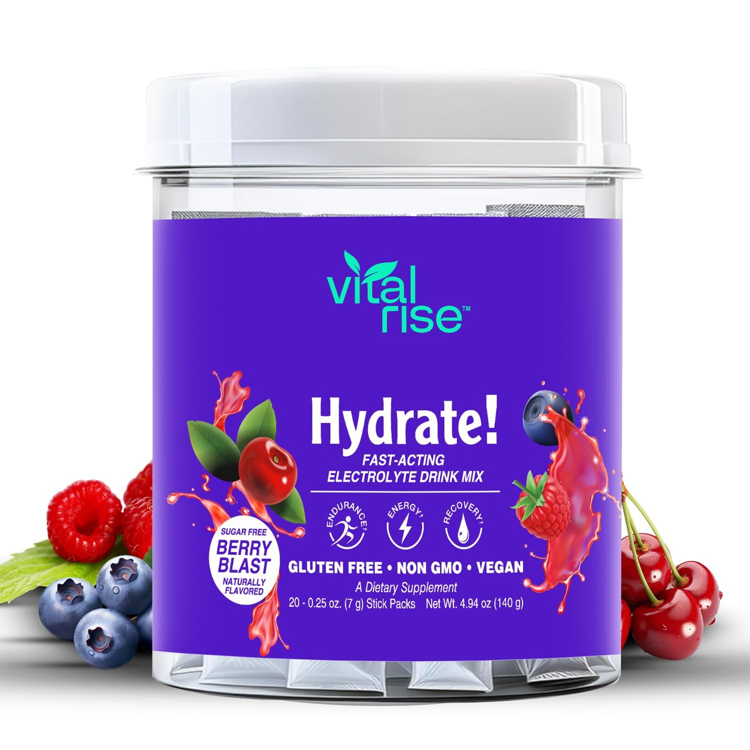 Vital Rise Hydrate! - Berry Blast - Hydration Powder Packets Low Sodium Electrolyte Drink Mix Easy Open Single-Serving Stick Non-GMO 20 Servings (Pack of 1)