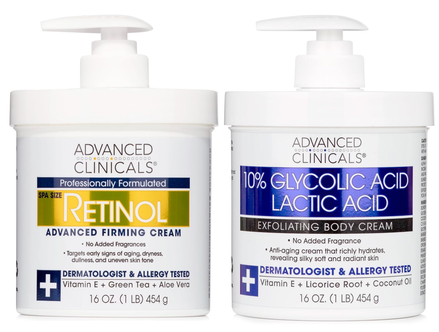 Advanced Clinicals Retinol Body Lotion 10 Glycolic Acid Lactic Acid Exfoliating Body Cream Moisturizer Crepey Skin Care Treatment AHA KP Bump Eraser Keratosis Pilaris Fragrance Free, 2PC