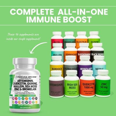 Clean Nutraceuticals Artemisinin Quercetin Zinc Mullein Quinine Supplement with Sea Moss Bromelain Ashwagandha Root Nettle Leaf Bladderwrack Burdock Root Monolaurin Colostrum Rutin