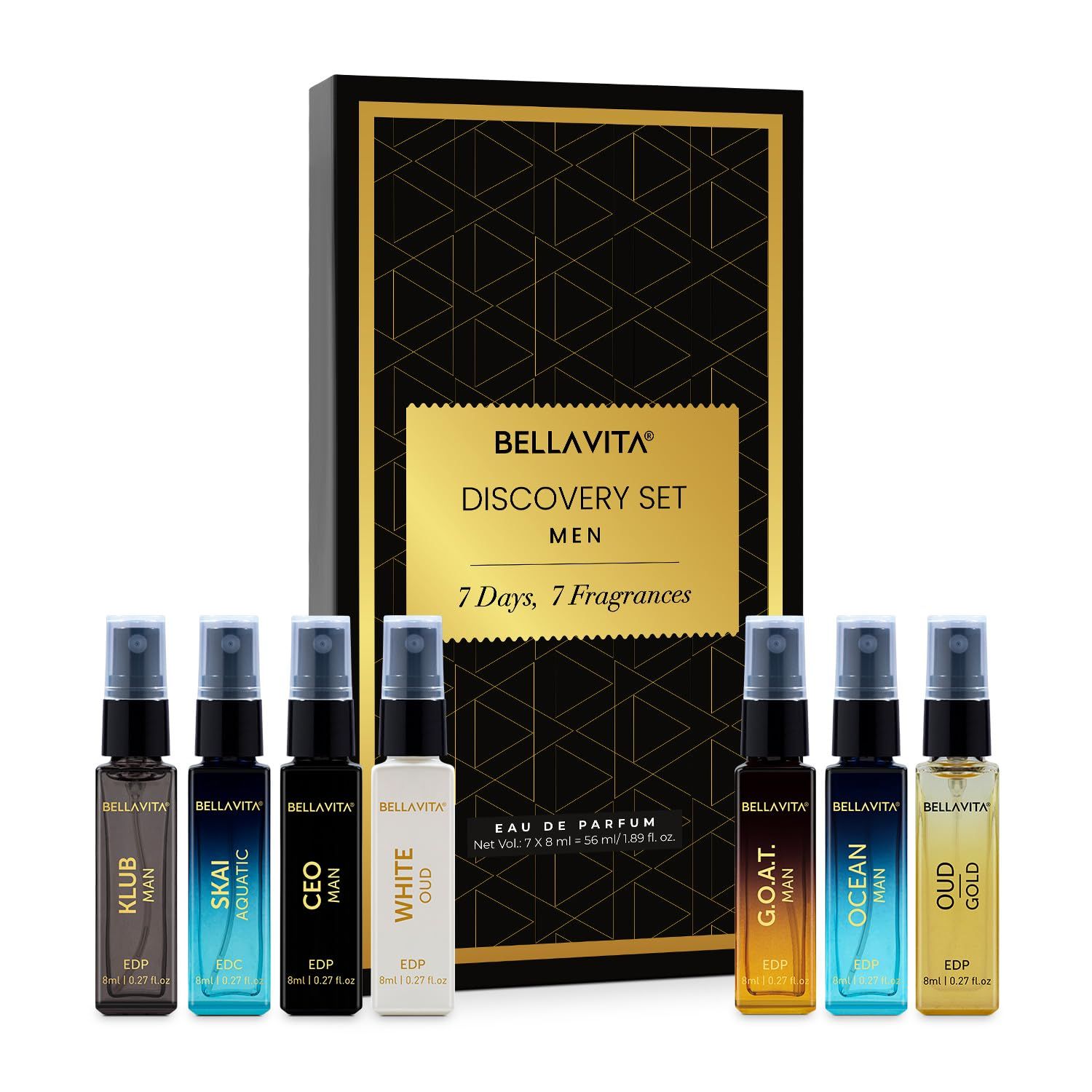 BellaVita Luxury Discovery Set Mens Perfumes (7x8ml) Mini Perfume Gift Set for Men with Bergamot, OUD Patchouli Oriented Compact Long-Lasting Oud Colognes for Men Cruelty Free Fragrance