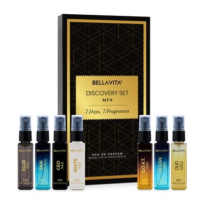 BellaVita Luxury Discovery Set Mens Perfumes (7x8ml) Mini Perfume Gift Set for Men with Bergamot, OUD Patchouli Oriented Compact Long-Lasting Oud Colognes for Men Cruelty Free Fragrance