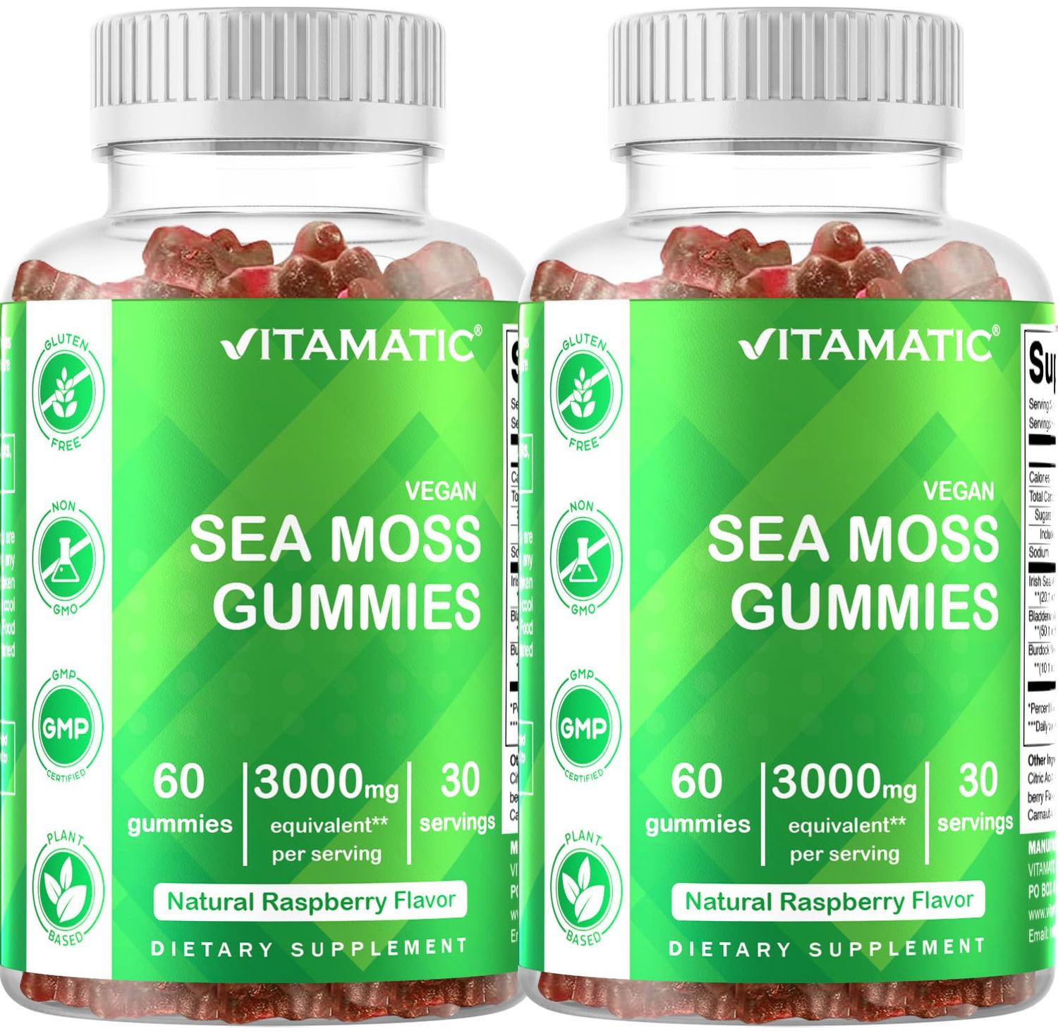 Vitamatic 2 Pack Irish Sea Moss Gummies- 3000mg Equivalent Per Serving (from Extract 132.5 mg) - 60 Ct - Made with Bladderwrack Burdock Root - Seamoss Supplement for Thyroid, Energy, Immune Support
