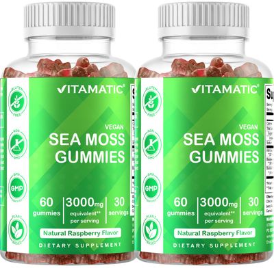 Vitamatic 2 Pack Irish Sea Moss Gummies- 3000mg Equivalent Per Serving (from Extract 132.5 mg) - 60 Ct - Made with Bladderwrack Burdock Root - Seamoss Supplement for Thyroid, Energy, Immune Support