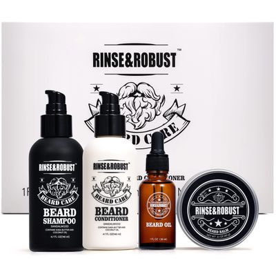 Rinse Robust Beard Wash, Beard Conditioner, Beard Oil, Beard Balm Gift Set - Sandalwood Fragrance, Natural, Gluten Free Ingredients, 4 Piece Beard Grooming Kit for Men