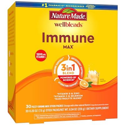 Nature Made Wellblends ImmuneMAX Fizzy Drink Mix, Vitamin C 1500mg, Zinc 15 mg, Vitamin D3 1000 IU (25 mcg), plus B Vitamins and Electrolytes Hydration Blend, 30 Stick Packs