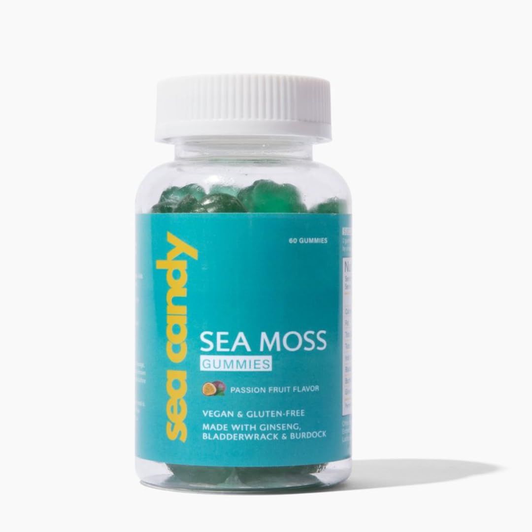 Generic Irish Sea Moss Gummies - with Ginseng, Bladderwrack Burdock - Beauty, Detox, Skin Health, Thyroid Immune Support - Rich in Vitamins Anotioxidants - Vegan - 60 Tasty Passionfruit Gummies