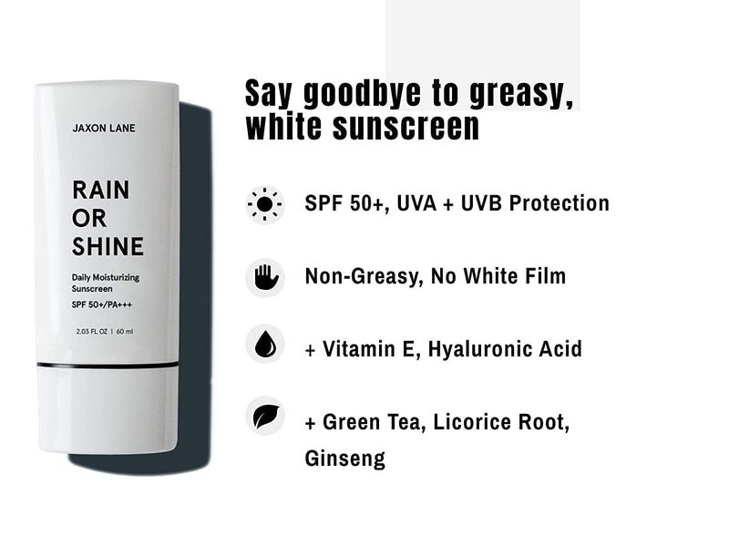 RAIN OR SHINE Anti Aging Face Sunscreen SPF 50 for Clear Skin with Green Tea, Hyaluronic Acid, Vitamin E Oil, Ginseng Extract, Licorice Root - SPF Moisturizer for Face, Fragrance Free 2.03 Oz