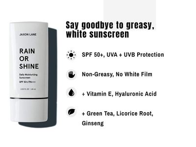 RAIN OR SHINE Anti Aging Face Sunscreen SPF 50 for Clear Skin with Green Tea, Hyaluronic Acid, Vitamin E Oil, Ginseng Extract, Licorice Root - SPF Moisturizer for Face, Fragrance Free 2.03 Oz