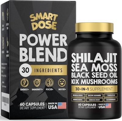 Smart Dose Power Blend Capsules - 30-in-1 Supplement Bundle with Shilajit 6000mg, Sea Moss 4000mg, Black Seed Oil 4000mg, Ashwagandha 2000mg, 10x Mushrooms, Tongkat Ali, Maca, Holistic Pills Combo