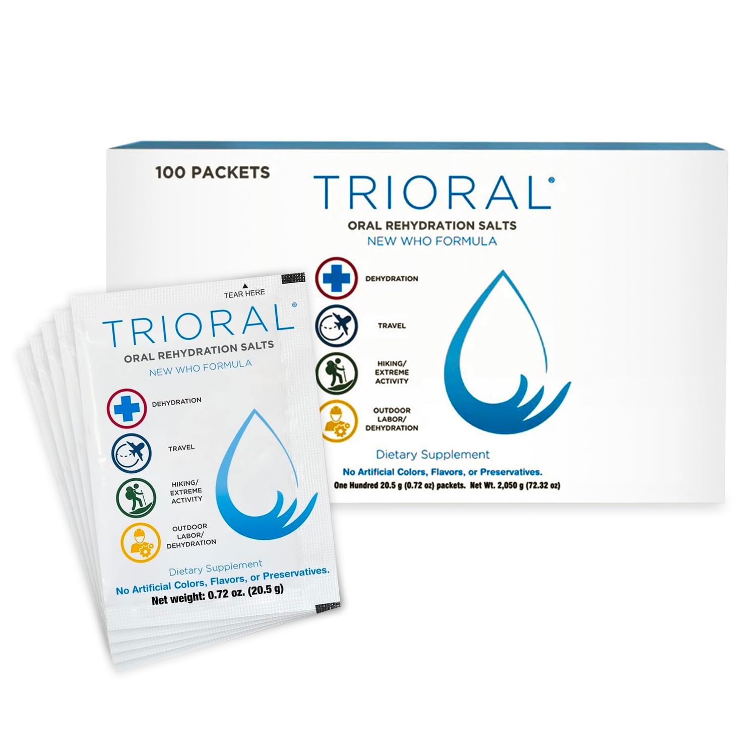 TRIORAL Rehydration Electrolyte Powder - WHO Hydration Supplement Salts Formula - Combat Dehydration from Workouts, Fluid Loss and Much More - 100 Drink Mix Packets