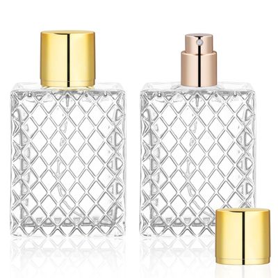 BOSMIOW 100ml3.4 oz Empty Clear Glass Perfume Bottles,Refillable Fine Mist Atomizer Spray Bottle,Reticulate Pattern Cologne Aluminum Sprayer,Square Fragrance Dispenser Bottle with Gold Pump Head