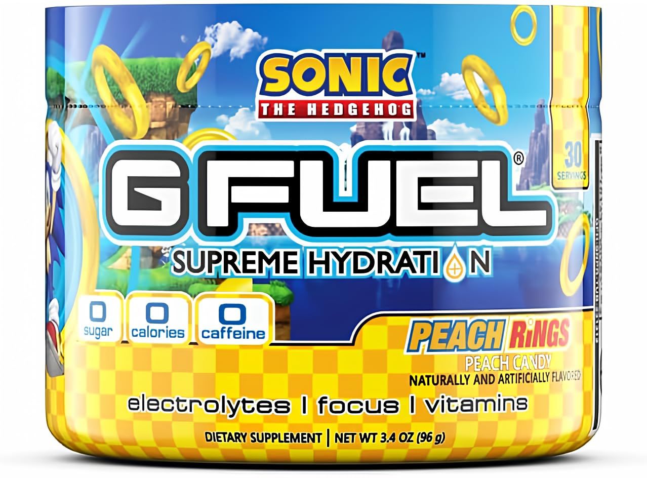 G Fuel Sonic's Peach Rings Electrolytes Powder, Water Mix for Hydration, Energy and Focus, Sugar Free, Zero Caffeine Supplement with Essential Minerals, Peach Rings Flavor, 3.4 oz (30 Servings)