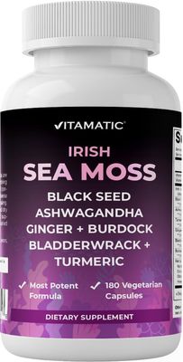 Vitamatic Sea Moss with Black Seed Oil, Ashwagandha, Turmeric, Bladderwrack Burdock - 180 Vegan Capsules