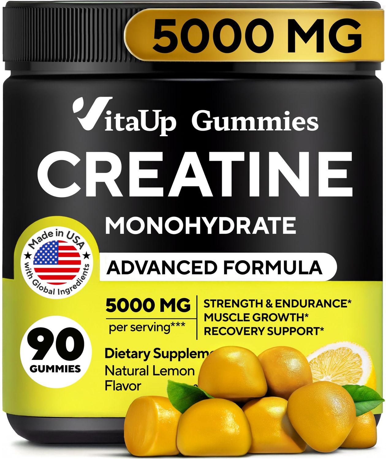 VitaUp Creatine Monohydrate Gummies for Men Women - USA Made Monohydrate Creatine for Men 5g - Pre-Workout Gummies to Support Energy Levels, Training Endurance Muscle Performance - 90 Count