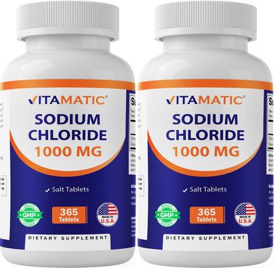 Vitamatic Sodium Chloride 1000mg, 365 Tablets - Salt Tablets, Non-GMO, Gluten Free - Electrolytes Replenisher Hydration Drink (2 Bottles)