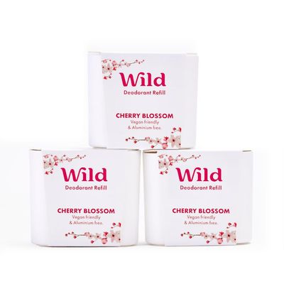 Wild - Cherry Blossom Refill Trio Pack - Refillable Deodorant - Vegan - Aluminium Free - Long Lasting Protection - 3 Pack of 40g Refills