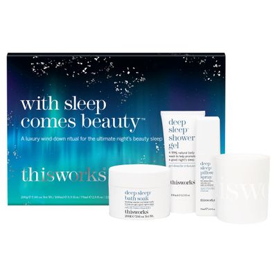 THISWORKS With Sleep Comes Beauty Gift Set Deep Sleep Pillow Spray, Shower Gel, Deep Sleep Body Cocoon Body Lotion and Scented Candle with Essential Oils (122 VALUE)