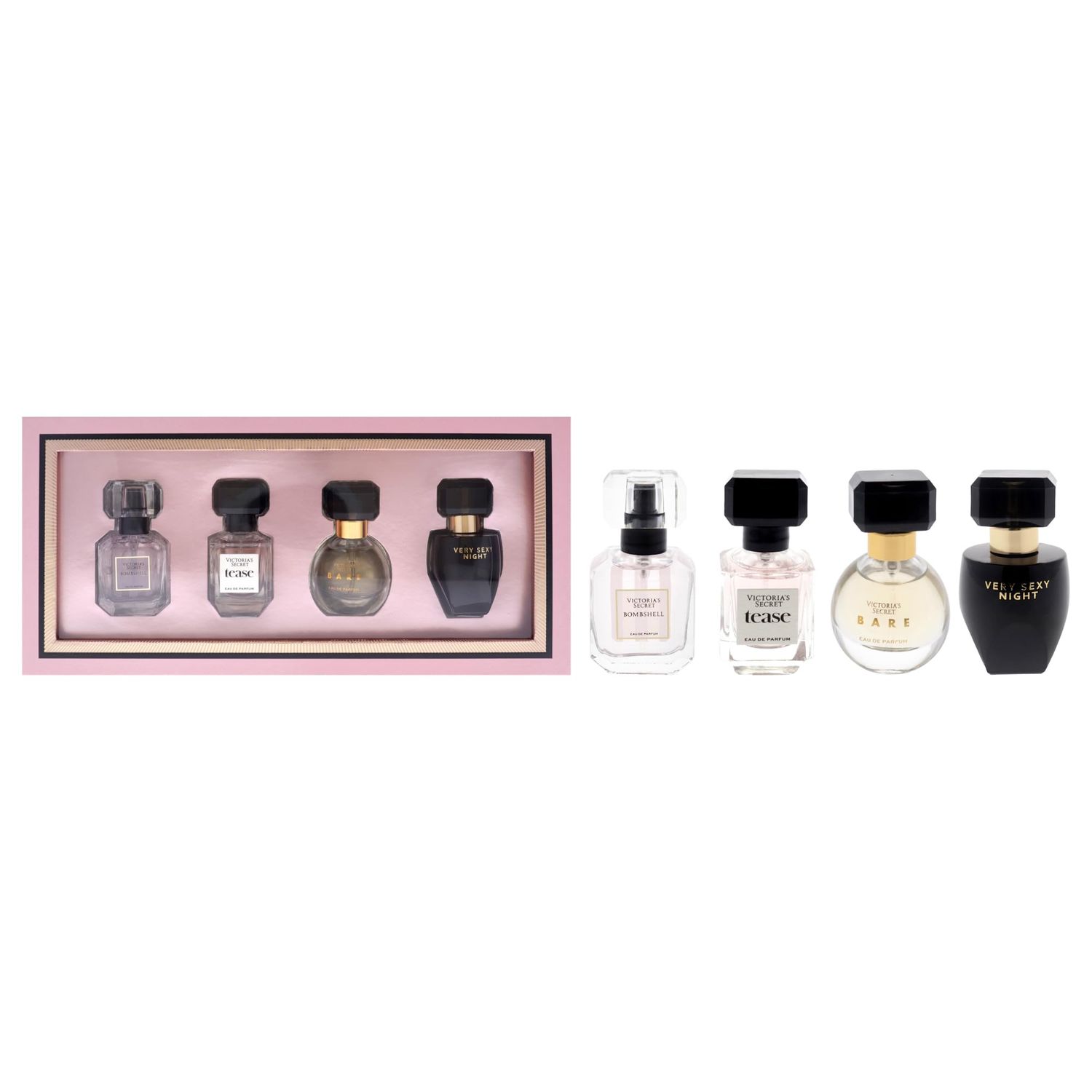 Victoria&#39;s Secret Fragrance Discovery Set for Women - 4 Pc Mini Gift Set with Bombshell, Tease, Bare, and Very Sexy Night EDP Sprays (0.25oz Each)