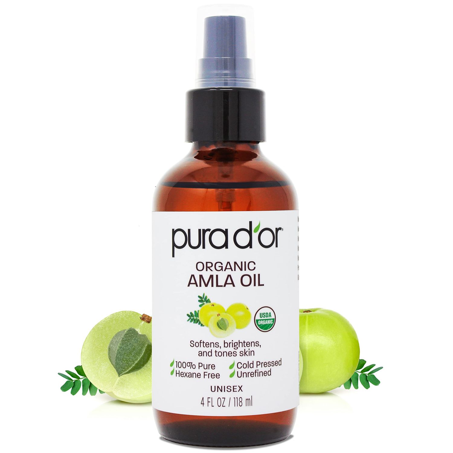 PURA D&#39;OR 4 Oz ORGANIC Amla Oil, 100 Pure USDA Certified Premium Grade Oil, Cold Pressed, Unrefined, Extra Virgin, Indian Hair Care Oil, Hair Serum Thickening Hair Product wPump for Women Men