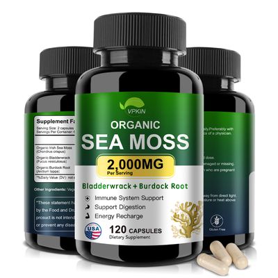 VPKIN Organic Sea Moss Capsules with Bladderwrack,Burdock Root and Black Pepper Extract-Irish SeaMoss Pills 2000mg-Promotes Immune System,Thyroid Support(120 Capsules)