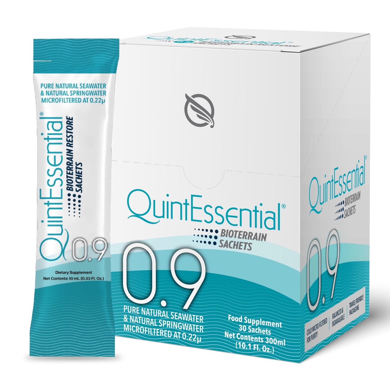 Quicksilver Scientific Quintessential 0.9 Sachets - Isotonic Solution with Sea Water Minerals Alpine Spring Water - Liquid Hydration, Electrolyte Multi Minerals Supplement (30 Count)