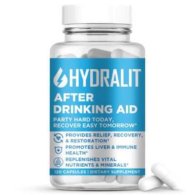 Hydralit After Drinking Aid Supplement Pre Game Party Pills Electrolytes Hydration DHM Milk Thistle Weekend Recovery Vitamins Relief Formula Better Mornings Alcohol Liver Health Support 120 Capsules