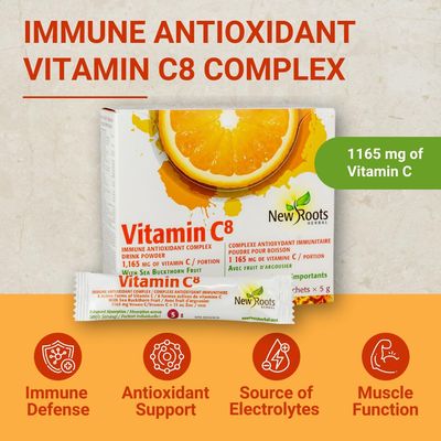 New Roots Vitamin C Powder Immune Support 30 Sachets, 1165 mg Vitamin C 8 Unique Buffered Forms, Electrolytes, Bioflavonoids Green Tea for Maximum Absorption Antioxidant Defense