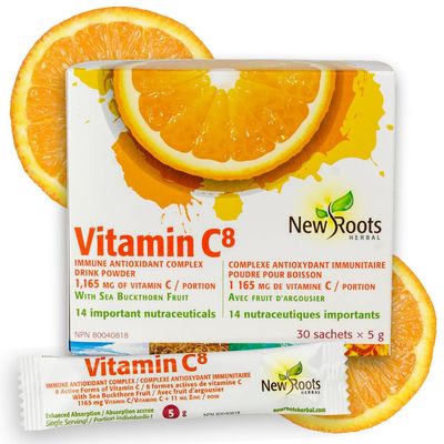 New Roots Vitamin C Powder Immune Support 30 Sachets, 1165 mg Vitamin C 8 Unique Buffered Forms, Electrolytes, Bioflavonoids Green Tea for Maximum Absorption Antioxidant Defense