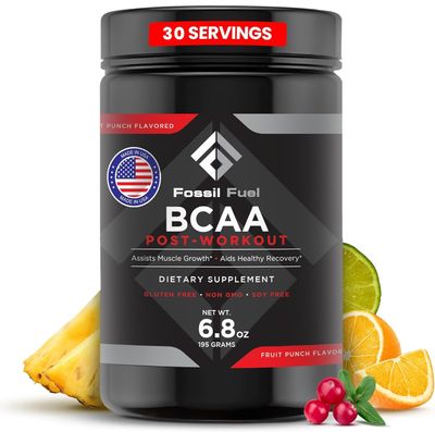 Fossil Fuel BCAA Sugar-Free Post-Workout Powder with BCAAs, Glutamine, Vitamin B6 Essential Amino Acids for After Workout Muscle Recovery, Endurance and Hydration Fruit Punch (30 Servings)