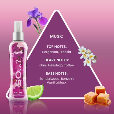 So? Musk Body Mist Woody Scent - Perfume for Women with Bergamot, Toffee, Vanilla Notes - Gifts for Women - Body Spray - 3.5 oz