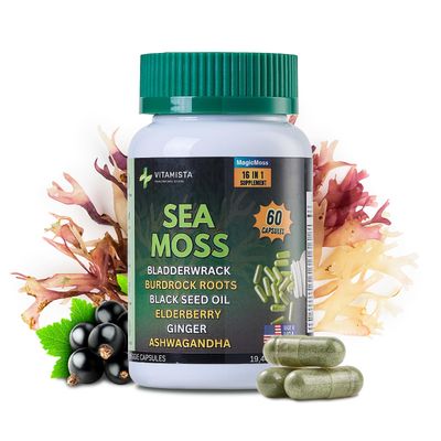 VITAMISTA Sea Moss Capsules - 16-in-1 Sea Moss Supplement with Bladderwrack, Burdock Root, Black Seed Oil, Ashwagandha - Immune Support Energy Booster - 60 Vegan Capsules (19445mg)