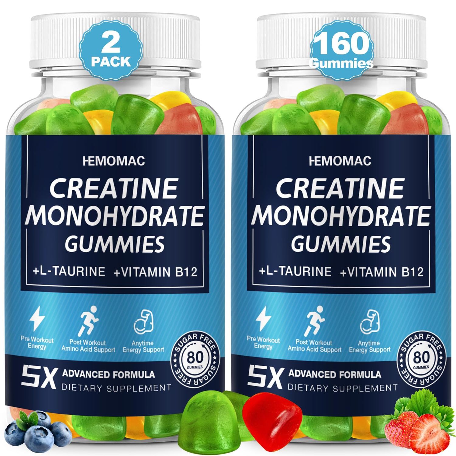 Creatine Monohydrate Gummies 5g for Men Women, 160 Count Creatine Gummies for Muscle Strength, L-Taurine, Vitamin B12, Energy Boost, Workout Supplement, 2 Pack