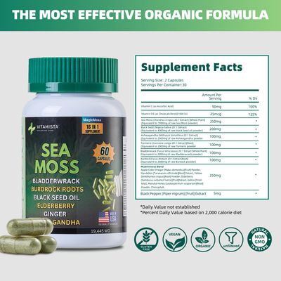 VITAMISTA Sea Moss Capsules - 16-in-1 Sea Moss Supplement with Bladderwrack, Burdock Root, Black Seed Oil, Ashwagandha - Immune Support Energy Booster - 60 Vegan Capsules (19445mg)