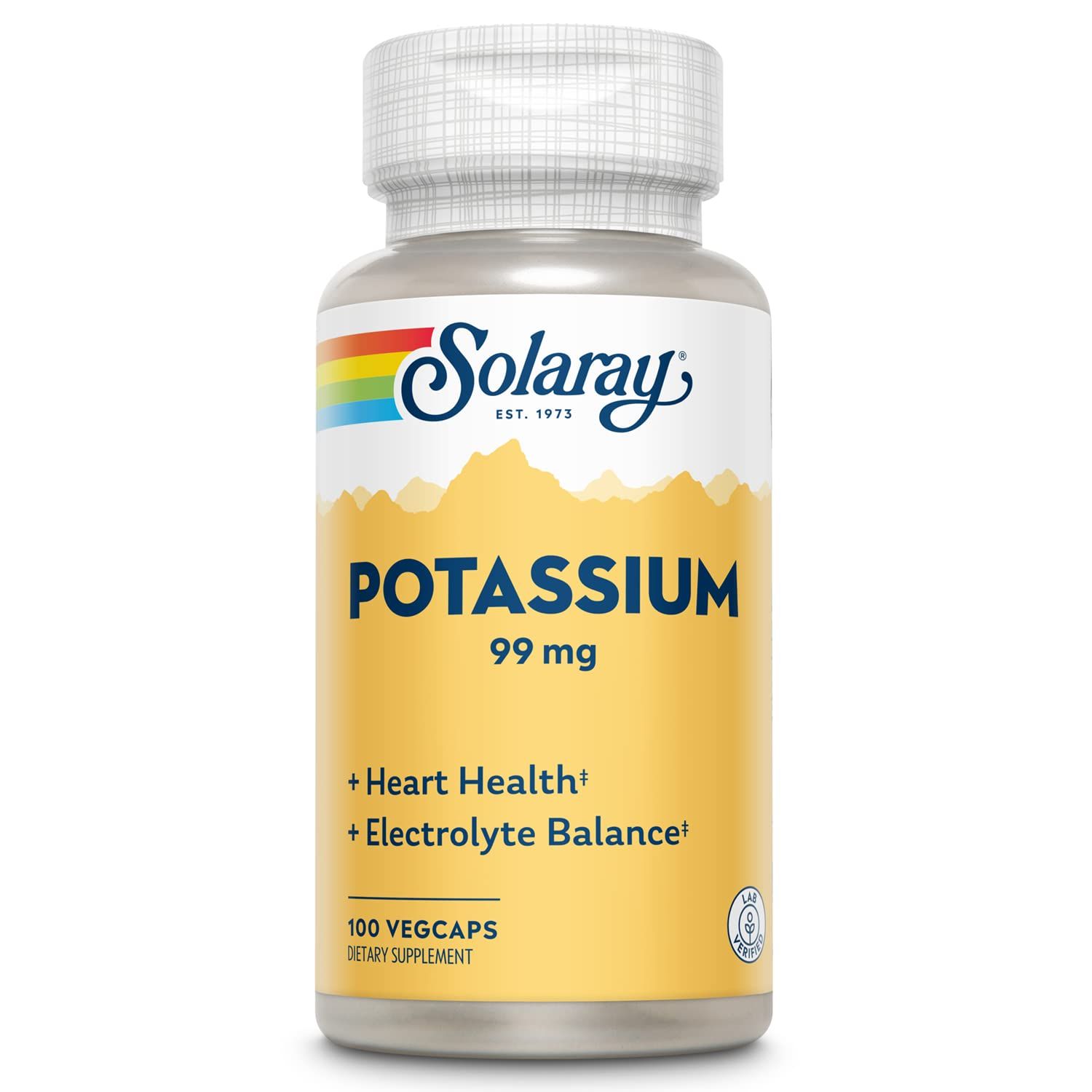 Solaray Potassium 99 mg - Electrolyte Balance Formula - Potassium Supplement for Electrolytes, Vascular and Heart Health Support - 60-Day Money Back Guarantee, Lab Verified, 100 Servings, 100 VegCaps