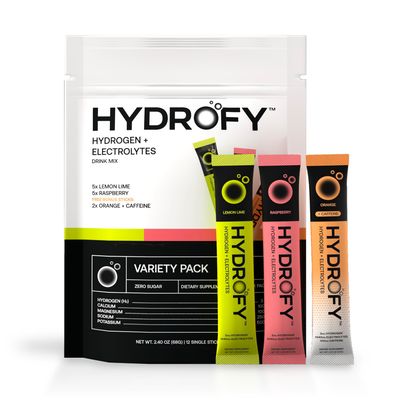 Hydrofy Hydrogen Water Electrolytes Drink Mix - Variety Pack Hydration Packets with Molecular Hydrogen (H2), Sodium, Potassium, Magnesium Lemon Lime, Raspberry, Orange Caffeine 12 Count