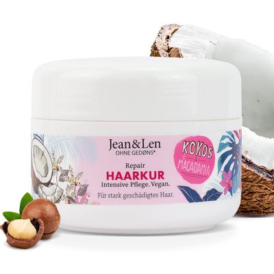 Jean Len Repair Hair Treatment Coconut Oil Macadamia, for severely damaged hair, counteracts hair breakage, coconut macadamia fragrance, without parabens and silicones, vegan, 8.45 Fl. Oz.